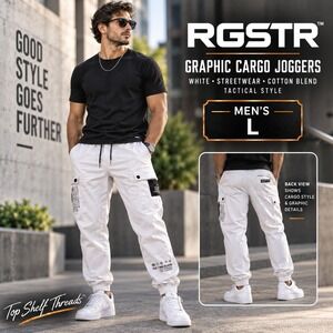 RGSTR Men L White Graphic Cargo Joggers Tactical Streetwear Drawcord Zip Pocket